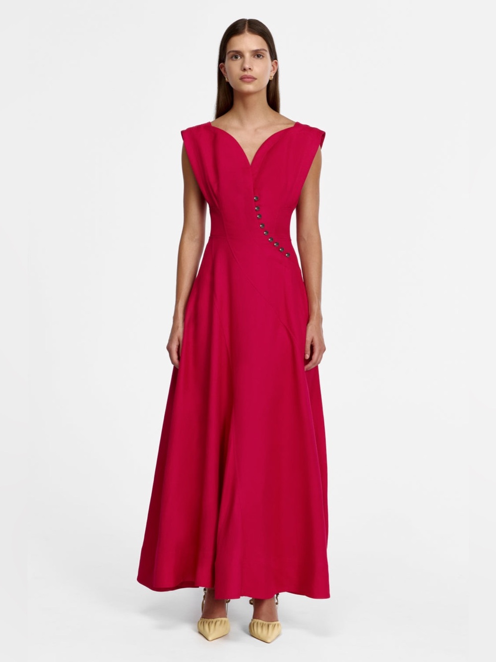 Acler Red Berry Sleeveless Fit-and-Flare MARNEY Crystal-button Maxi Dress US4